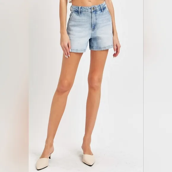 RISEN High Rise Denim Retro 90s Hammer Loop Carpenter Mid-Length Jean Shorts