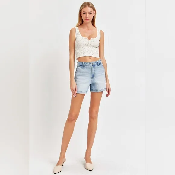 RISEN High Rise Denim Retro 90s Hammer Loop Carpenter Mid-Length Jean Shorts