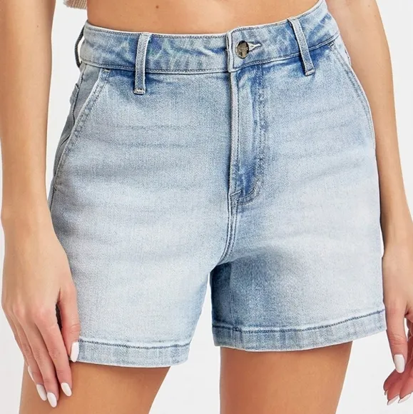 RISEN High Rise Denim Retro 90s Hammer Loop Carpenter Mid-Length Jean Shorts