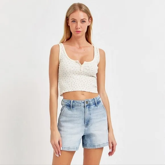 RISEN High Rise Denim Retro 90s Hammer Loop Carpenter Mid-Length Jean Shorts
