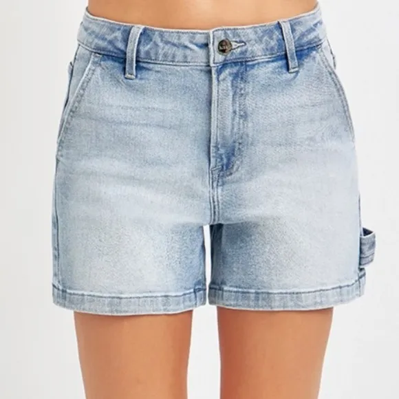 RISEN High Rise Denim Retro 90s Hammer Loop Carpenter Mid-Length Jean Shorts