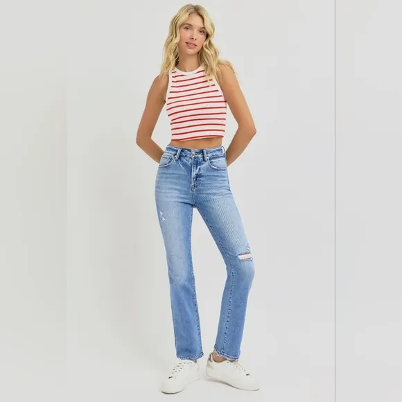 RISEN High-Rise Straight Leg Slim Fit Distressed Ankle Hem Jeans Denim Pants