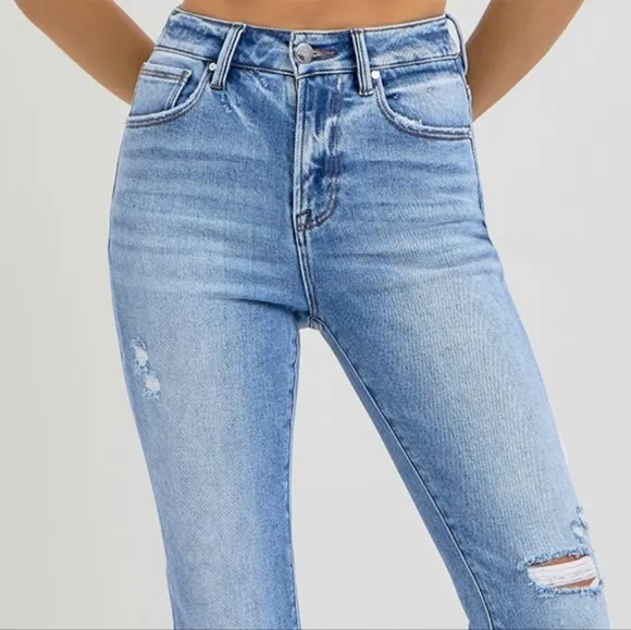 RISEN High-Rise Straight Leg Slim Fit Distressed Ankle Hem Jeans Denim Pants