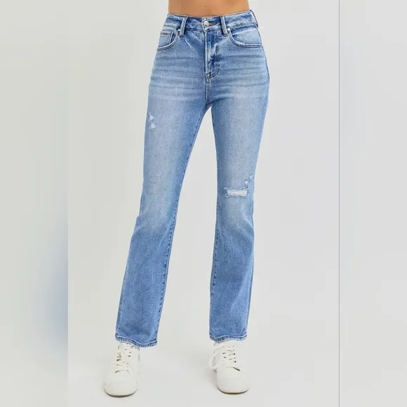 RISEN High-Rise Straight Leg Slim Fit Distressed Ankle Hem Jeans Denim Pants