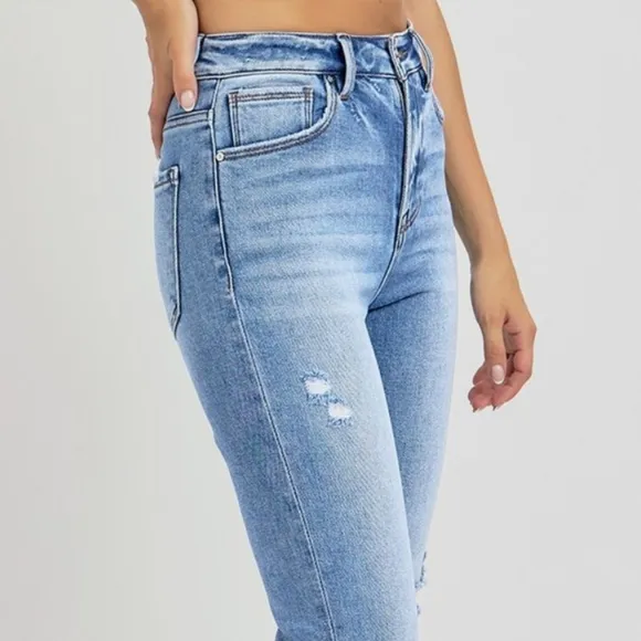 RISEN High-Rise Straight Leg Slim Fit Distressed Ankle Hem Jeans Denim Pants