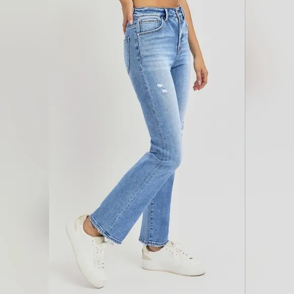 RISEN High-Rise Straight Leg Slim Fit Distressed Ankle Hem Jeans Denim Pants