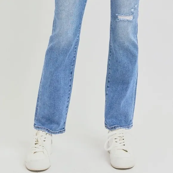 RISEN High-Rise Straight Leg Slim Fit Distressed Ankle Hem Jeans Denim Pants