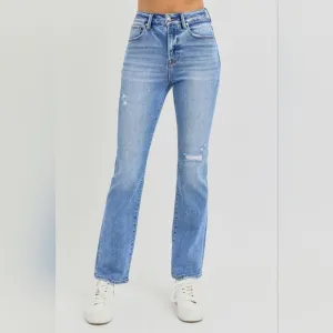 RISEN High-Rise Straight Leg Slim Fit Distressed Ankle Hem Jeans Denim Pants