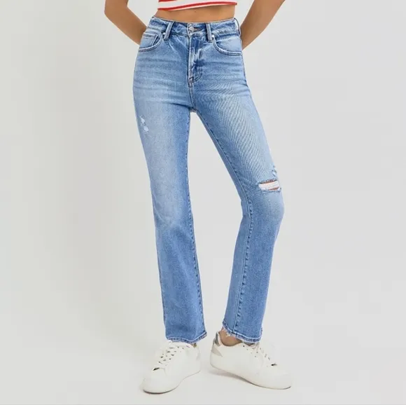 RISEN High-Rise Straight Leg Slim Fit Distressed Ankle Hem Jeans Denim Pants