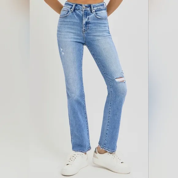RISEN High-Rise Straight Leg Slim Fit Distressed Ankle Hem Jeans Denim Pants