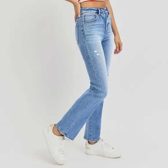 RISEN High-Rise Straight Leg Slim Fit Distressed Ankle Hem Jeans Denim Pants