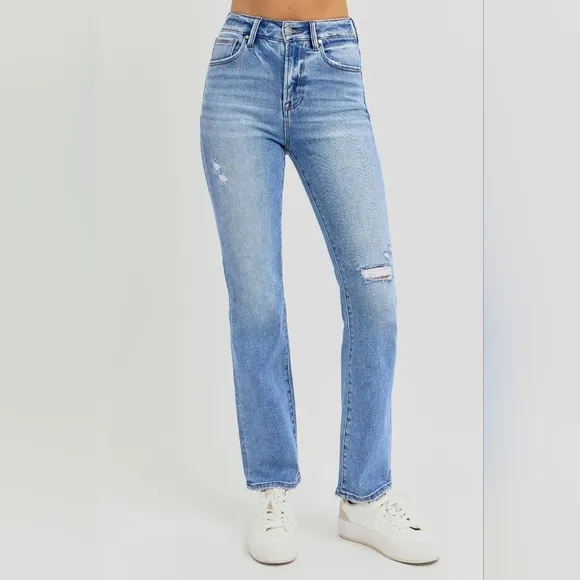 RISEN High-Rise Straight Leg Slim Fit Distressed Ankle Hem Jeans Denim Pants