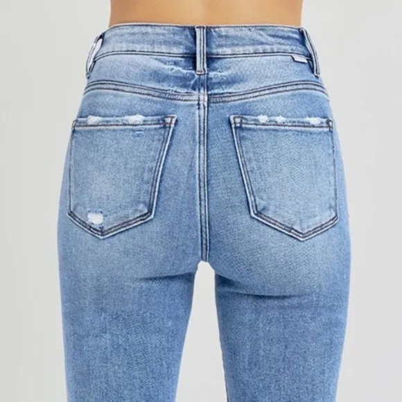 RISEN High-Rise Straight Leg Slim Fit Distressed Ankle Hem Jeans Denim Pants