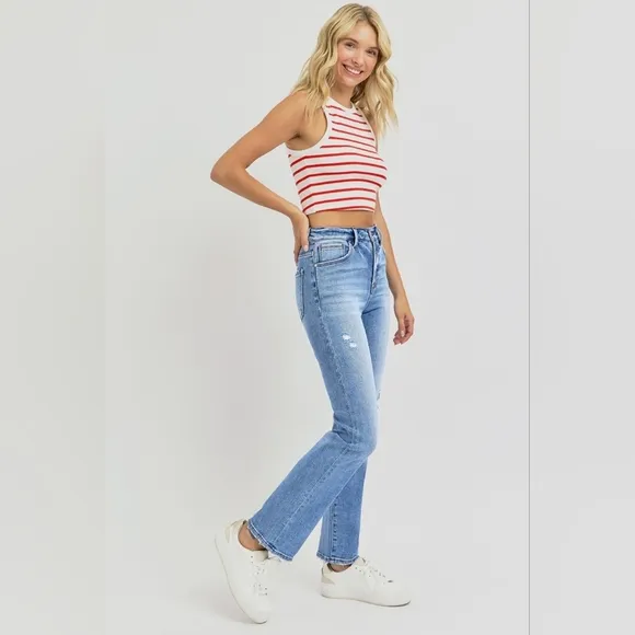 RISEN High-Rise Straight Leg Slim Fit Distressed Ankle Hem Jeans Denim Pants
