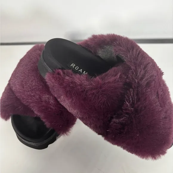 Roam Plush Burgundy Fuzzy Criss Cross Women's Slides 37