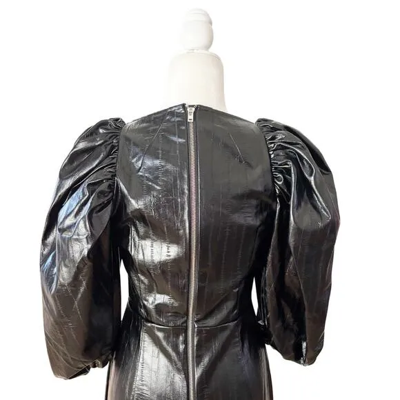 ROTATE Irina Faux Leather Puff Sleeve Dress Medium Black NWT
