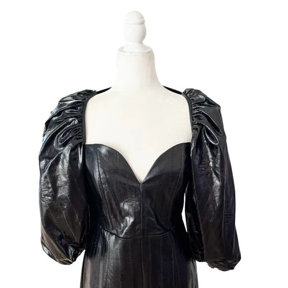 ROTATE Irina Faux Leather Puff Sleeve Dress Medium Black NWT
