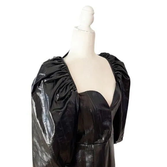 ROTATE Irina Faux Leather Puff Sleeve Dress Medium Black NWT