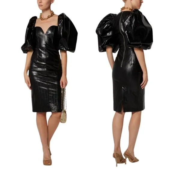 ROTATE Irina Faux Leather Puff Sleeve Dress Medium Black NWT