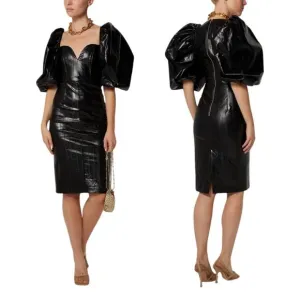 ROTATE Irina Faux Leather Puff Sleeve Dress Medium Black NWT