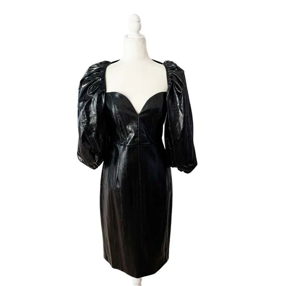 ROTATE Irina Faux Leather Puff Sleeve Dress Medium Black NWT