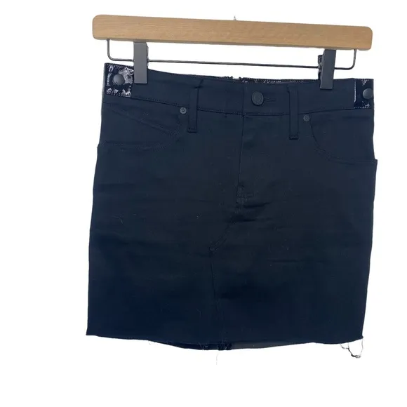 RtA black denim mini skirt -back is patent. Exposed zipper. Raw hem size 0
