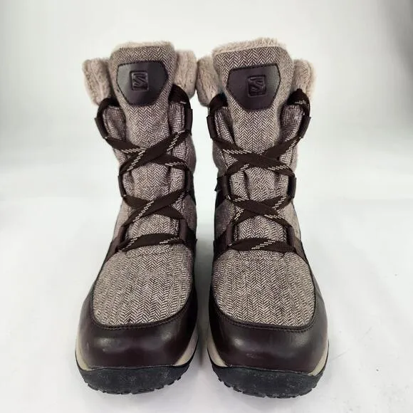 Salomon Heika CS Waterproof Snow Boots US 8.5 Brown Faux Fur Winter Lace Boots