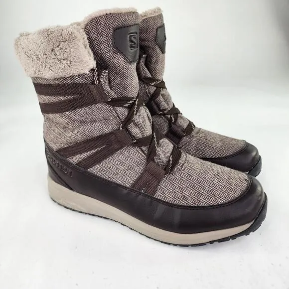 Salomon Heika CS Waterproof Snow Boots US 8.5 Brown Faux Fur Winter Lace Boots
