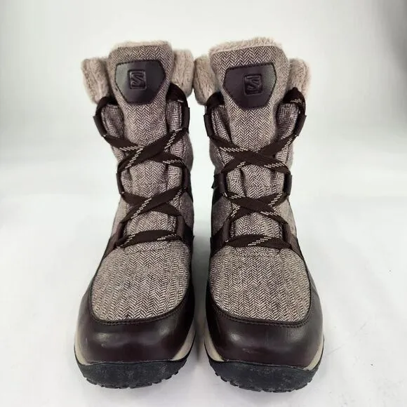 Salomon Heika CS Waterproof Snow Boots US 8.5 Brown Faux Fur Winter Lace Boots