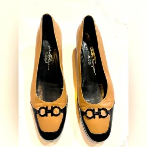 Salvatore Ferragamo Boutique Black Nude Wedge Pumps Shoes Size 9.5B