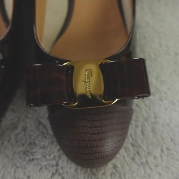 Salvatore Ferragamo Vara Cap Toe Bow Heels‎ Brown Tortoise Patent