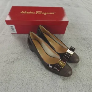 Salvatore Ferragamo Vara Cap Toe Bow Heels‎ Brown Tortoise Patent