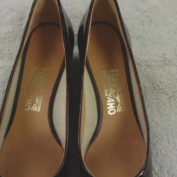 Salvatore Ferragamo Vara Cap Toe Bow Heels‎ Brown Tortoise Patent