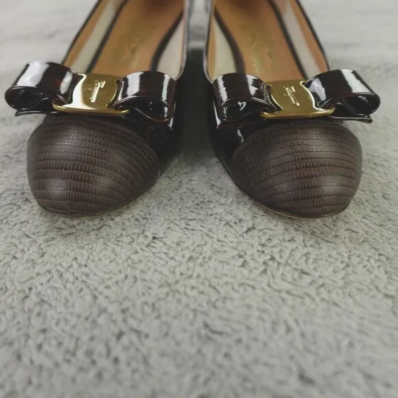 Salvatore Ferragamo Vara Cap Toe Bow Heels‎ Brown Tortoise Patent