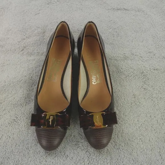 Salvatore Ferragamo Vara Cap Toe Bow Heels‎ Brown Tortoise Patent