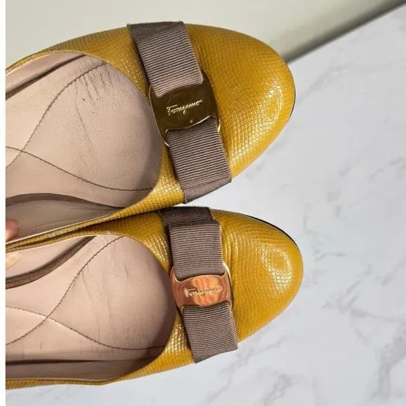 Salvatore Ferragamo Varina Tan/yellow Patent Leather Bow Flats Shoes Size 8.5