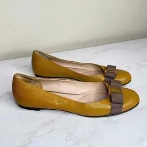 Salvatore Ferragamo Varina Tan/yellow Patent Leather Bow Flats Shoes Size 8.5