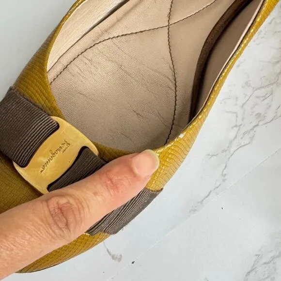 Salvatore Ferragamo Varina Tan/yellow Patent Leather Bow Flats Shoes Size 8.5