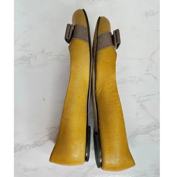 Salvatore Ferragamo Varina Tan/yellow Patent Leather Bow Flats Shoes Size 8.5