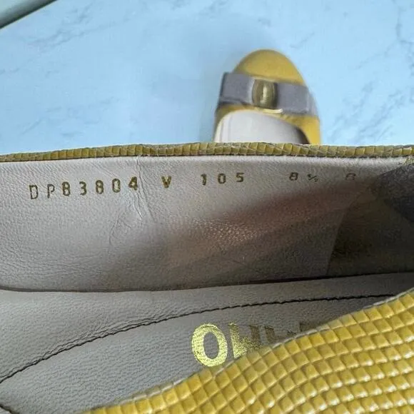 Salvatore Ferragamo Varina Tan/yellow Patent Leather Bow Flats Shoes Size 8.5