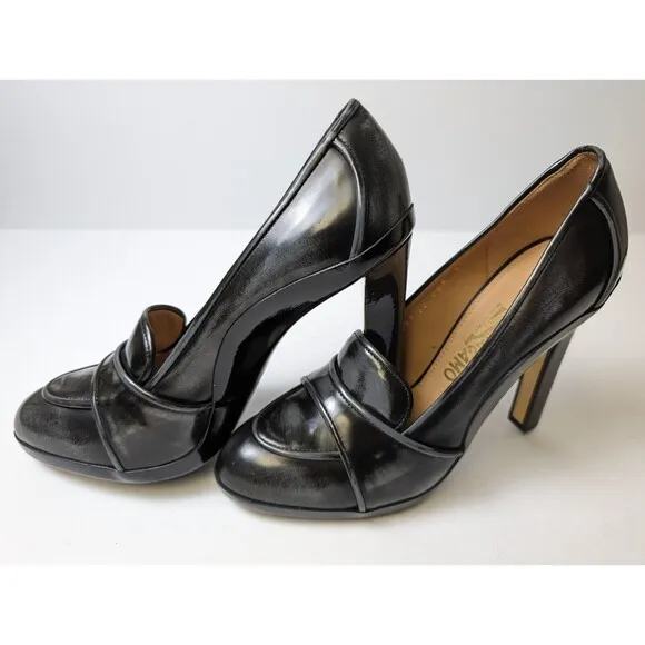 Salvatore Ferragamo Womens Black Pump Cone Gold Heel Shoes Sz 9.5 D US