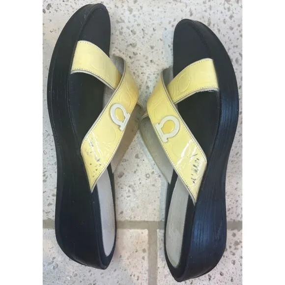 Salvatore Ferragamo Women’s Patent Leather Yellow Wedge Sandal Size 10