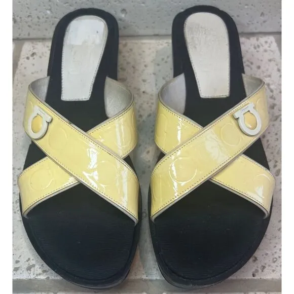 Salvatore Ferragamo Women’s Patent Leather Yellow Wedge Sandal Size 10