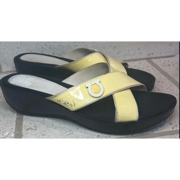 Salvatore Ferragamo Women’s Patent Leather Yellow Wedge Sandal Size 10