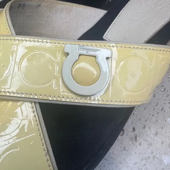 Salvatore Ferragamo Women’s Patent Leather Yellow Wedge Sandal Size 10