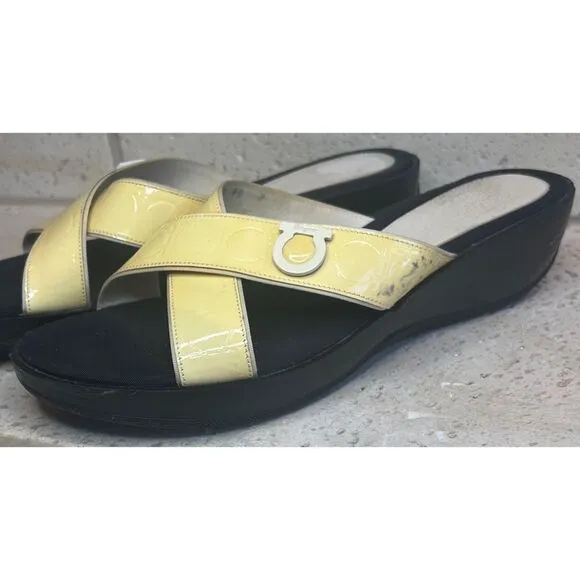 Salvatore Ferragamo Women’s Patent Leather Yellow Wedge Sandal Size 10