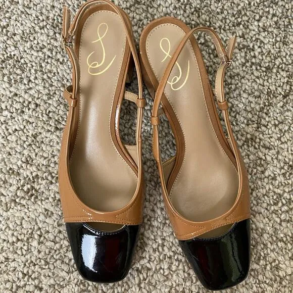 Sam Edelman Tarra Heels Size 9 Tan Black Patent Square Slingback Business Casual