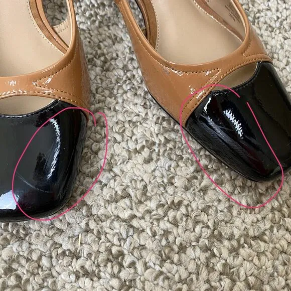 Sam Edelman Tarra Heels Size 9 Tan Black Patent Square Slingback Business Casual
