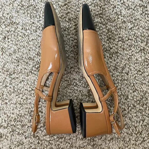 Sam Edelman Tarra Heels Size 9 Tan Black Patent Square Slingback Business Casual