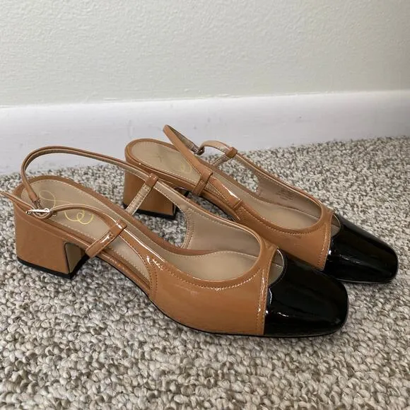 Sam Edelman Tarra Heels Size 9 Tan Black Patent Square Slingback Business Casual